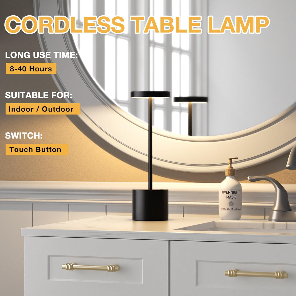 Rechargeable Cordless Table Lamp, 4000mAh Battery Operated, Black, 2 Pack