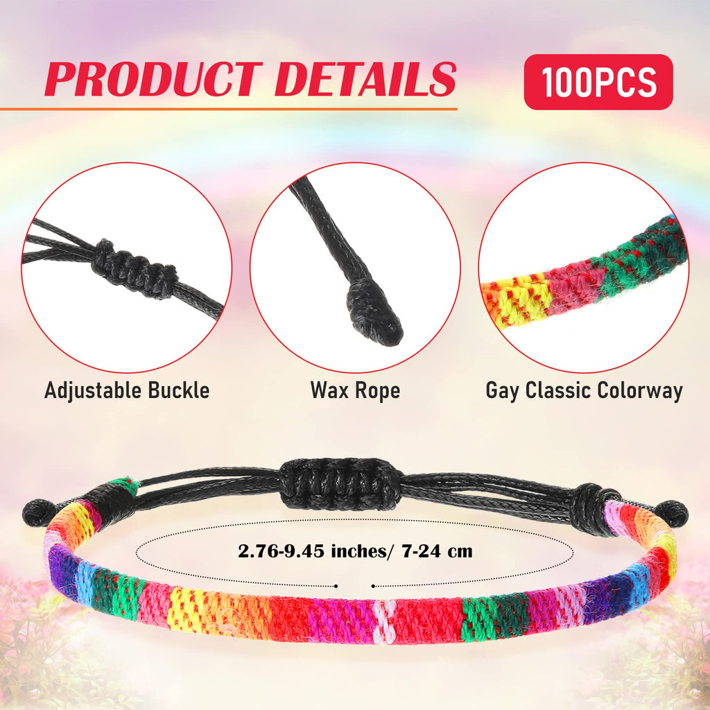 Cunno 100 Pcs LGBT Pride Month Bracelet for Men and Women, Weave Rainbow LGBTQ Braided Rope Friendship Bracelet Adjustable Bisexual Bracelet Handmade Woven Festival Accessories for Gay Lesbian