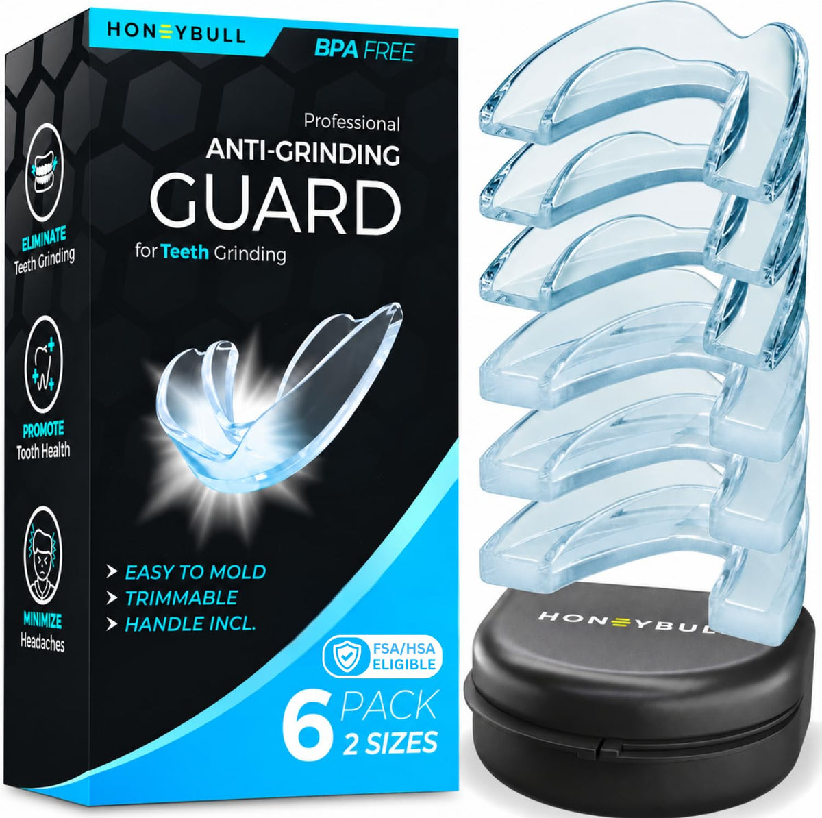 HONEYBULL Anti Grinding Night Guards, Moldable, 6 Pack Thin & Thick