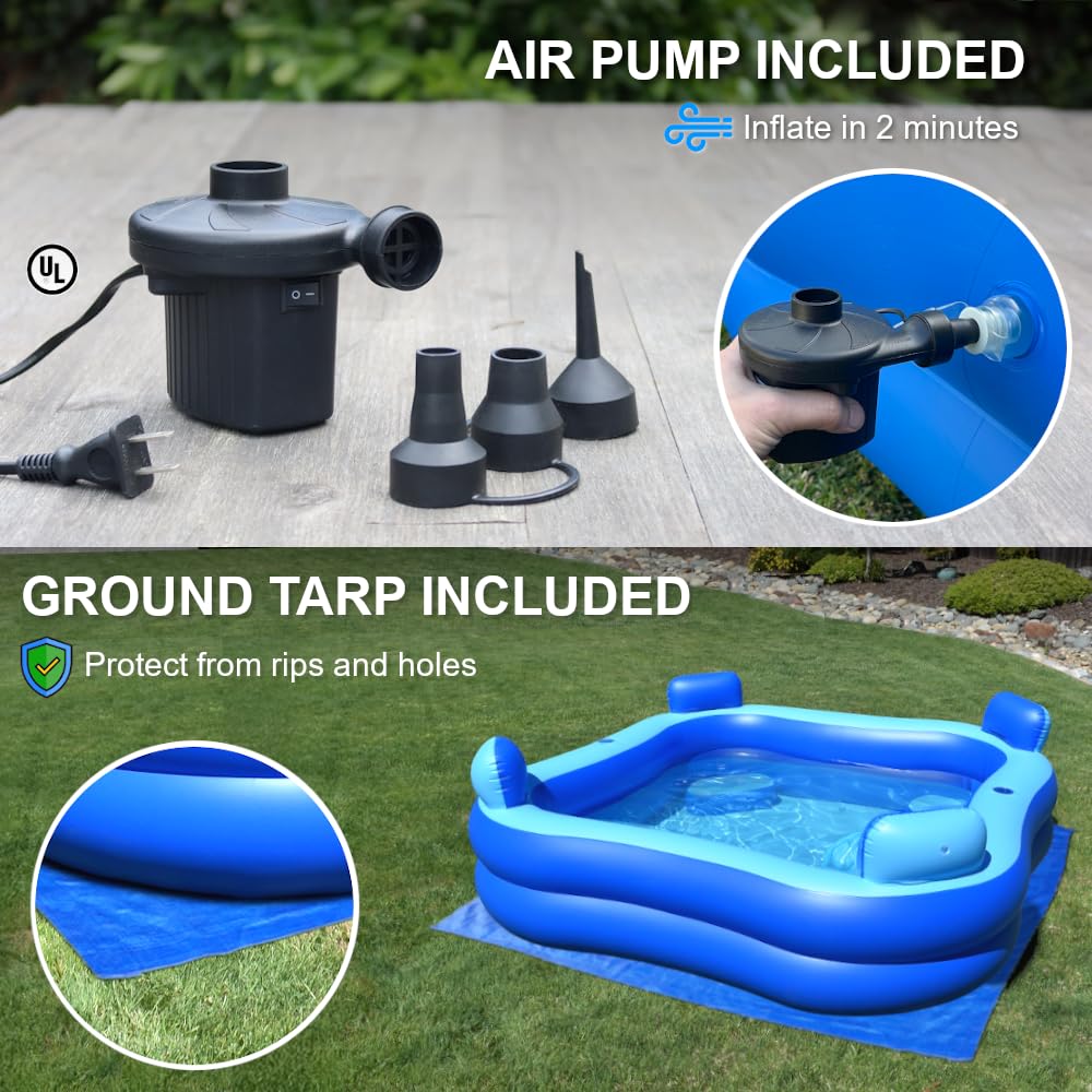Rukala Inflatable Pool Bundle with Seats & Headrests - 8ft x 8ft - Electric Pump and Ground Tarp Included - Fast Setup and Reinforced Seams