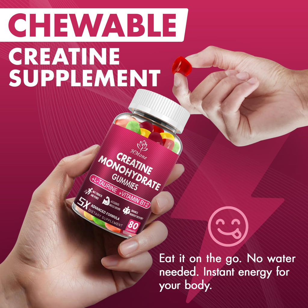 HMone Creatine Monohydrate Gummies - 5g for Men & Women, 160 Count and Creatine Chewable Supplements for Muscle Gain, Muscle Strength, Energy Boost, and Muscle Builder, Sugar Free, Vegan