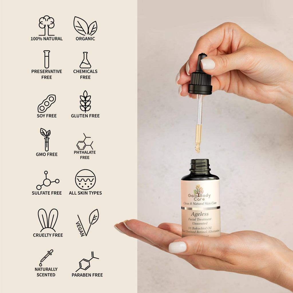 Gaia Body Care Bakuchiol Retinol Alternative - Bakuchiol Serum is an organic and all-natural, potent anti-aging serum for anti-wrinkle, skin firming, moisturizing and gentle