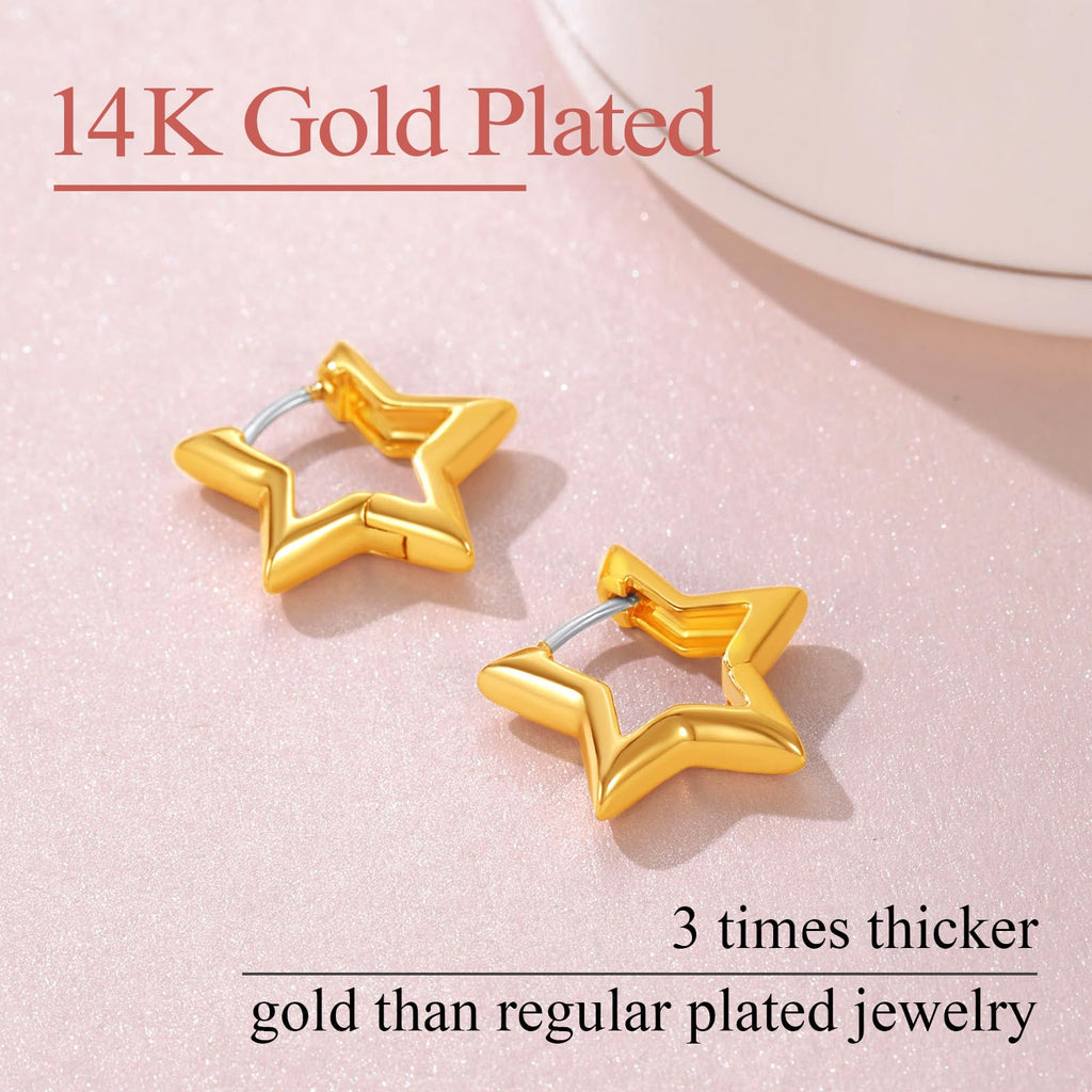 FindChic Star Huggie Earrings for Women, 14K Gold Plated Small Star Hoops