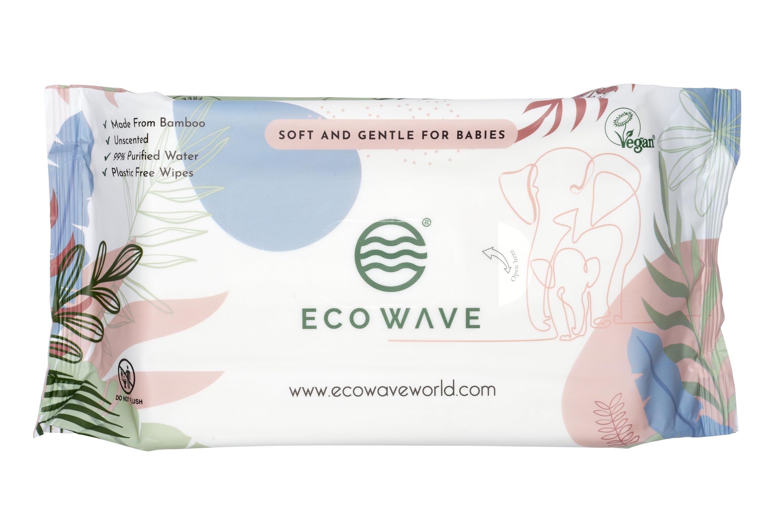 Eco Wave Baby Wipes, 100% Compostable Eco-Friendly Bamboo Wipes, Unscented, Hypoallergenic, Vegan, Alcohol-Free, Suitable For Sensitive Skin (Pack of 12)