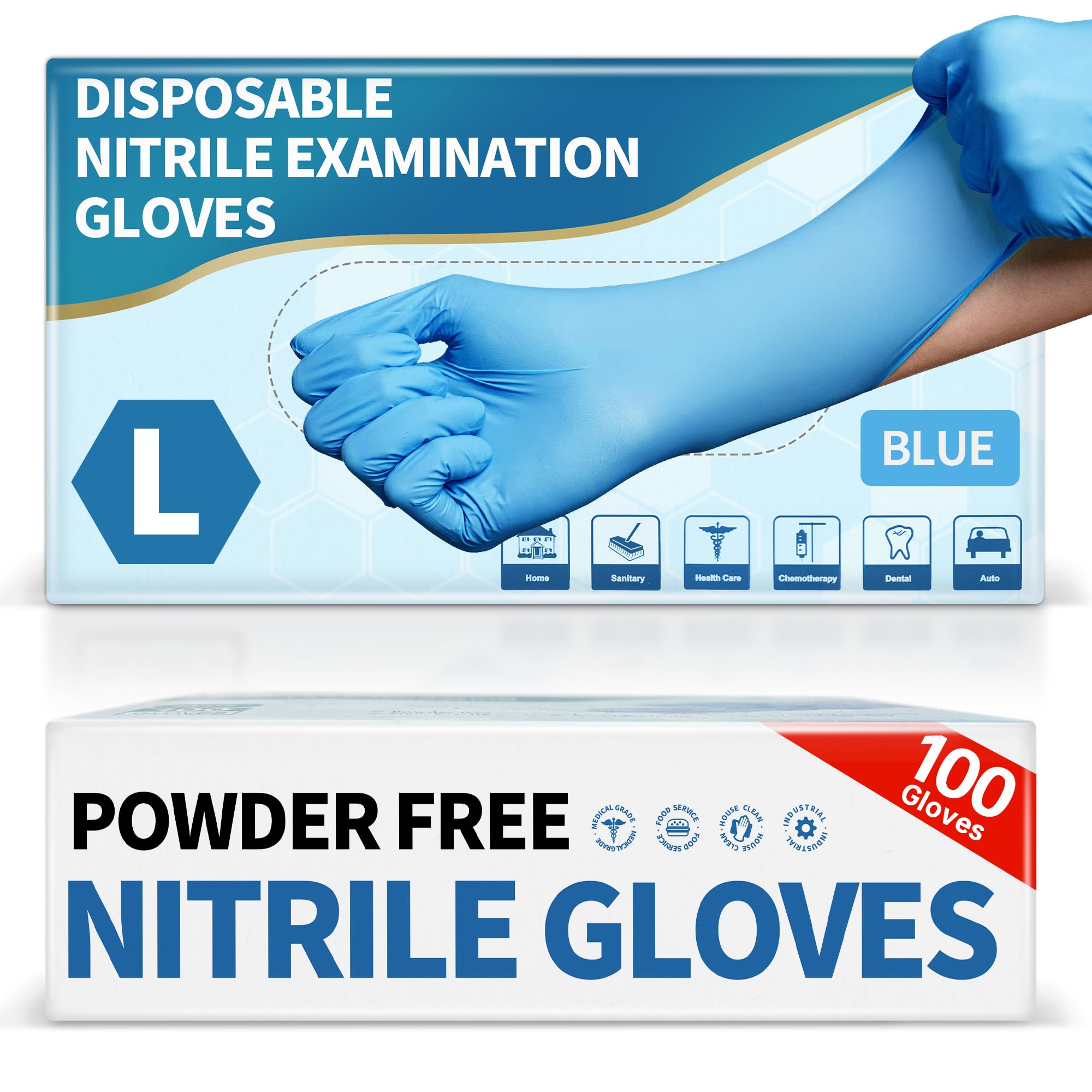 Medguy Medical Blue Nitrile Disposable Exam Gloves 4Mil Powder-Free 100 (L)