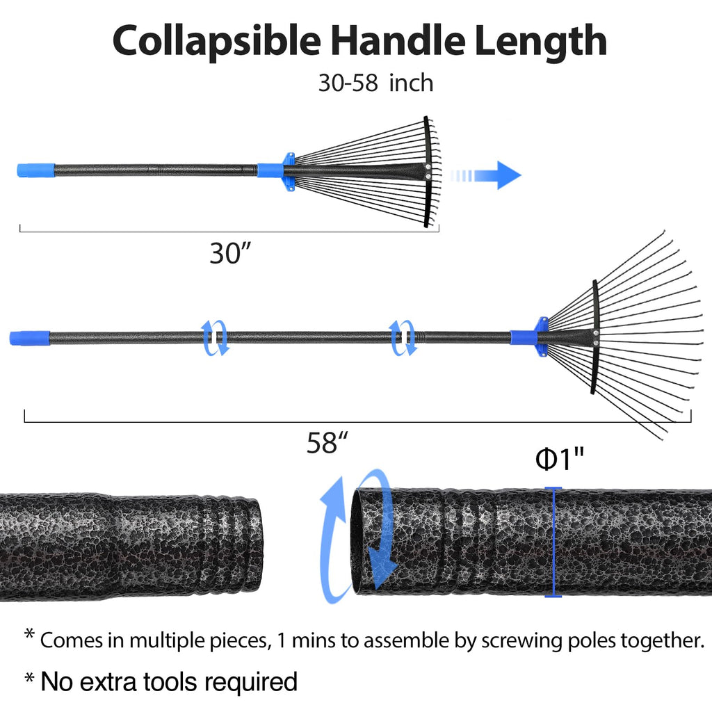 Adjustable Metal Leaf Rake Long Handle, Garden Rakes for Lawns Heavy Duty Leaves with Expandable Head 8-17", Yard Women Kids Rake for Gardening RV Camping