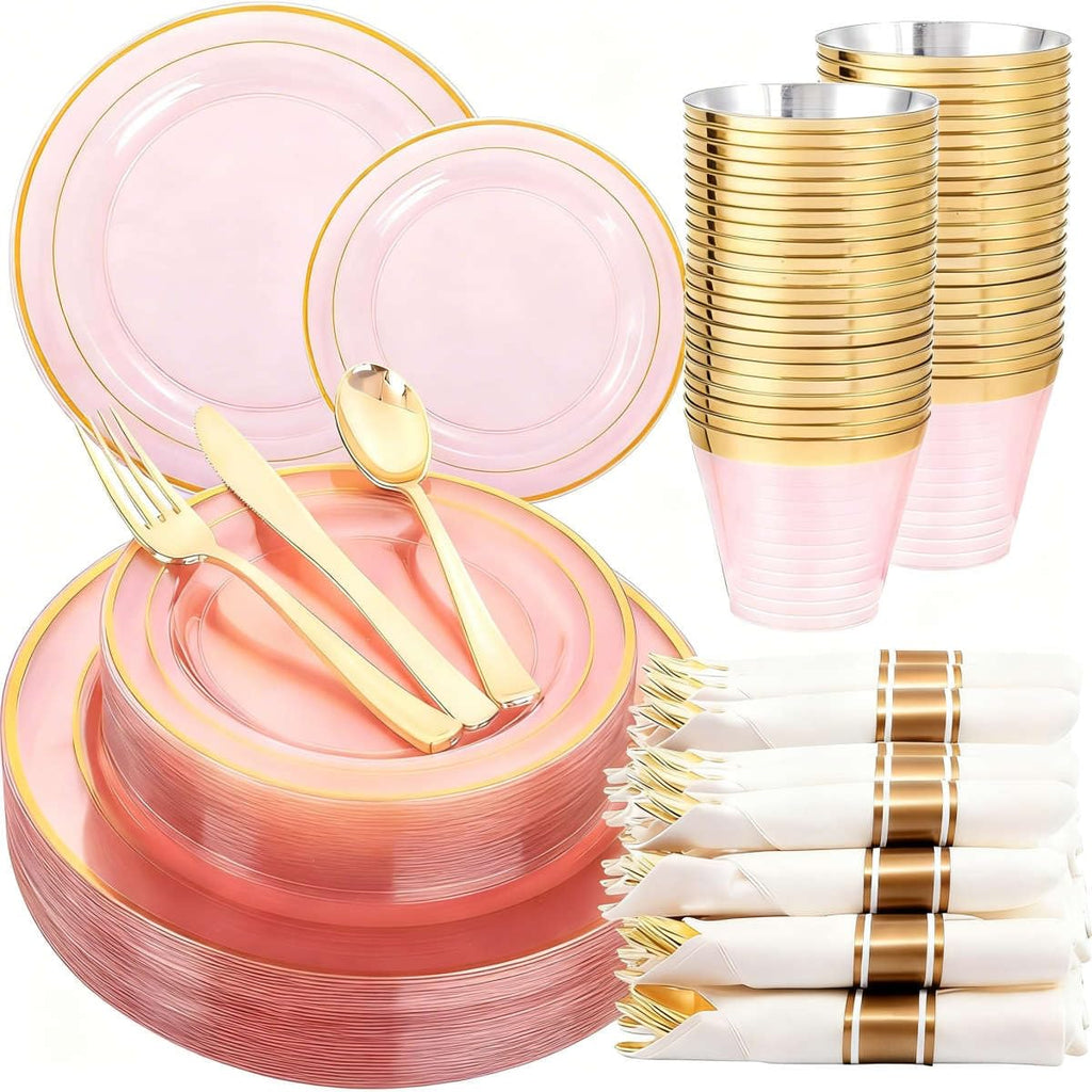 WELLIFE 210Pcs Clear-Pink Plastic Dinnerware- Pink and Gold Plastic Dinnerware include 30 Dinner Plates, 30 Dessert Plates, 90 Gold Silverware, 30 Cups and 30 Napkins Perfect for Parties