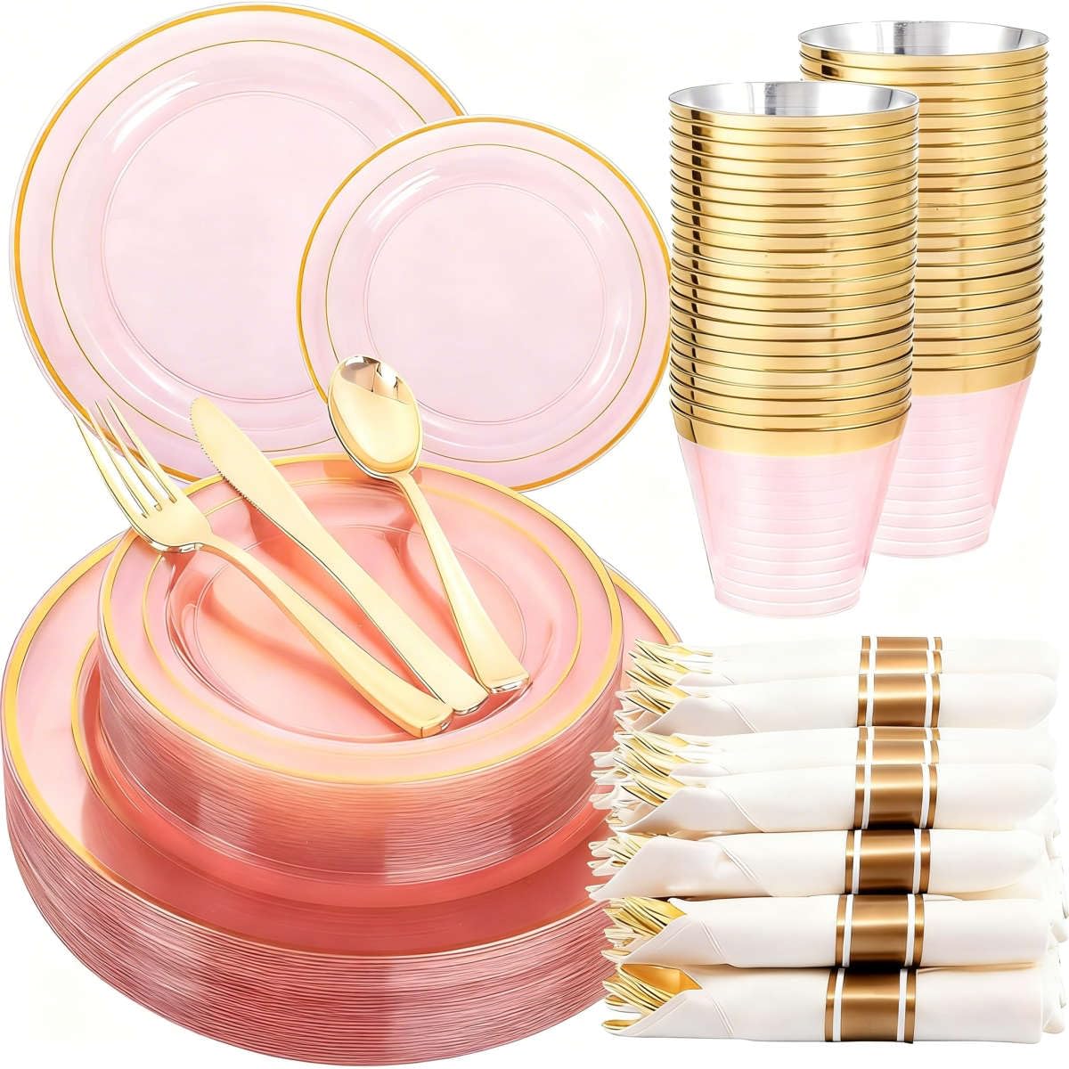 WELLIFE 210Pcs Clear-Pink Plastic Dinnerware- Pink and Gold Plastic Dinnerware include 30 Dinner Plates, 30 Dessert Plates, 90 Gold Silverware, 30 Cups and 30 Napkins Perfect for Parties