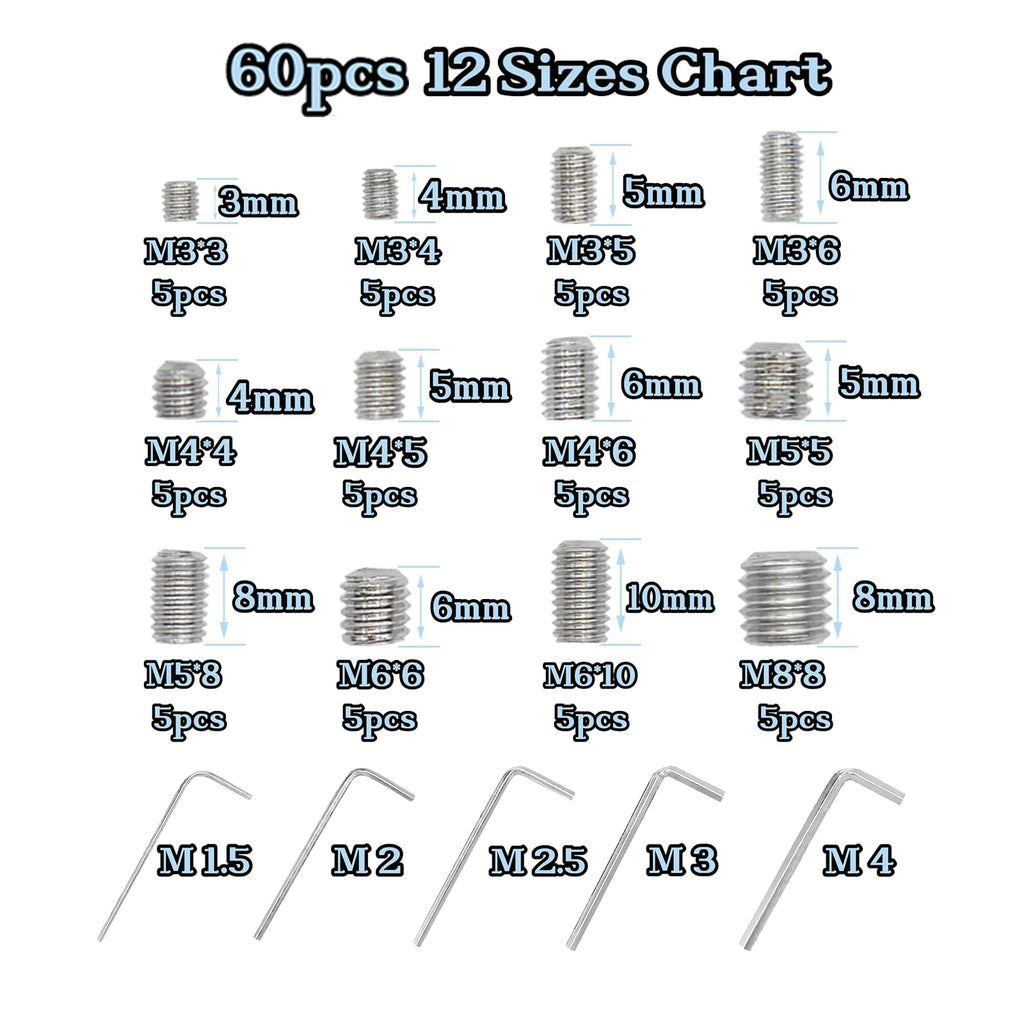 60pcs Set Screws, Allen Head Screws, Grub Screws M3 M4 M5 M6 M8 for Home Repair, Install Door Lock, Repair Furniture, Electronic Product, DIY, Fixtures (Stainless Steel 12 Sizes)