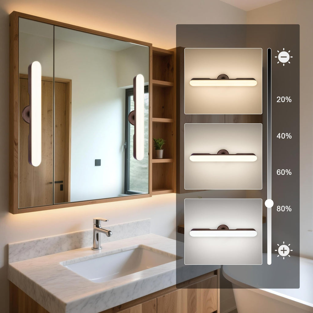 cambk Set of 2 Wireless Vanity Makeup Lights for Mirror, Rechargeable LED Stick On Light Bar for Bathroom Mirror with Dimmable 3 CCT, Long Battery Life Cordless Light for Vanity Desk(Dark Brown)
