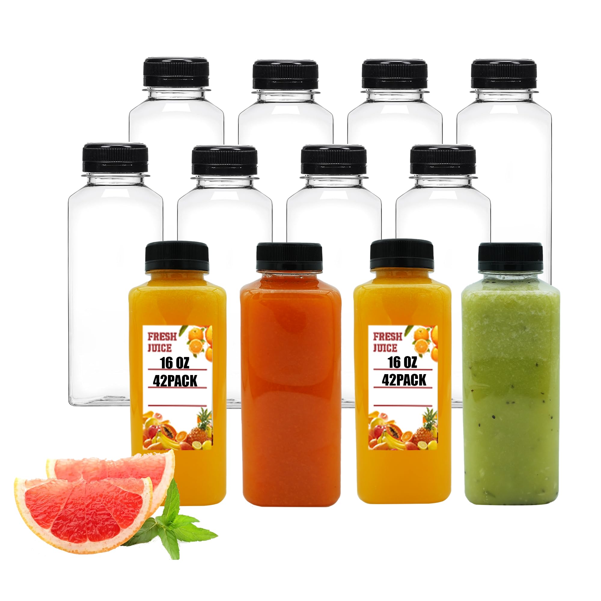 Kaderron 42pcs 16oz Plastic Juice Bottles with Caps, Empty PET Disposable Plastic Bottles Bulk with Black Tamper Evident Lids for Juicing, Drinking and Other Beverages (16 Ounces)