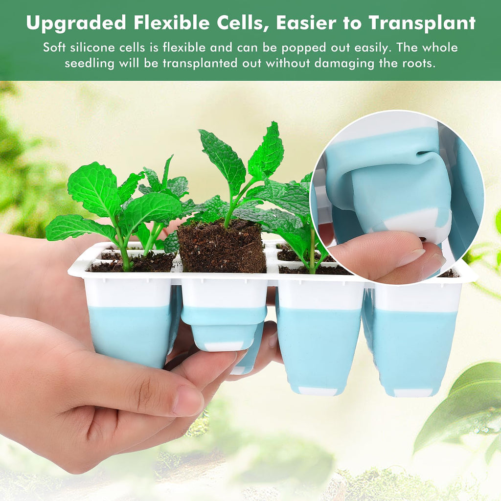 Hanaoyo Reusable Seed Starter Tray with 72 Soft Silicone Cells, 6 Pack Seed Starter Kit with Repotting Mat, Humidity Dome and High Lid, Germination Trays for Indoor Greenhouse Seed Starter