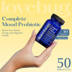 LOVEBUG Complete Mood Probiotic | 10 Clinically Studied Probiotic Strains & Patented Organic Ashwagandha for Cortisol and Serotonin Support | Natural Energy | Adaptogenic Stress-Defense | 30 Count
