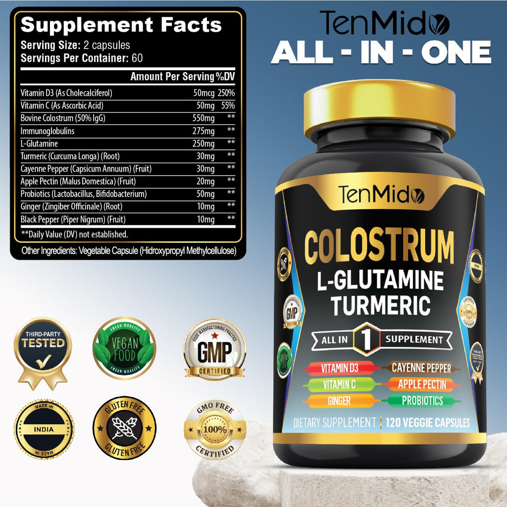 Tenmido Colostrum Supplement - 10in1 Formula - Combine with L- Glutamine, Turmeric, Cayenne Pepper, Apple Pectin, Probiotics, Ginger, and More - Digestive Health, Immune Support - 120 Capsules