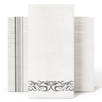 JOLLY CHEF 100 Disposable Hand Towels, Soft and Absorbent Linen Feel Dinner Napkin, Elegant Decorative Paper Guest Towels for Kitchen, Bathroom, Weddings, Parties, Silver and White