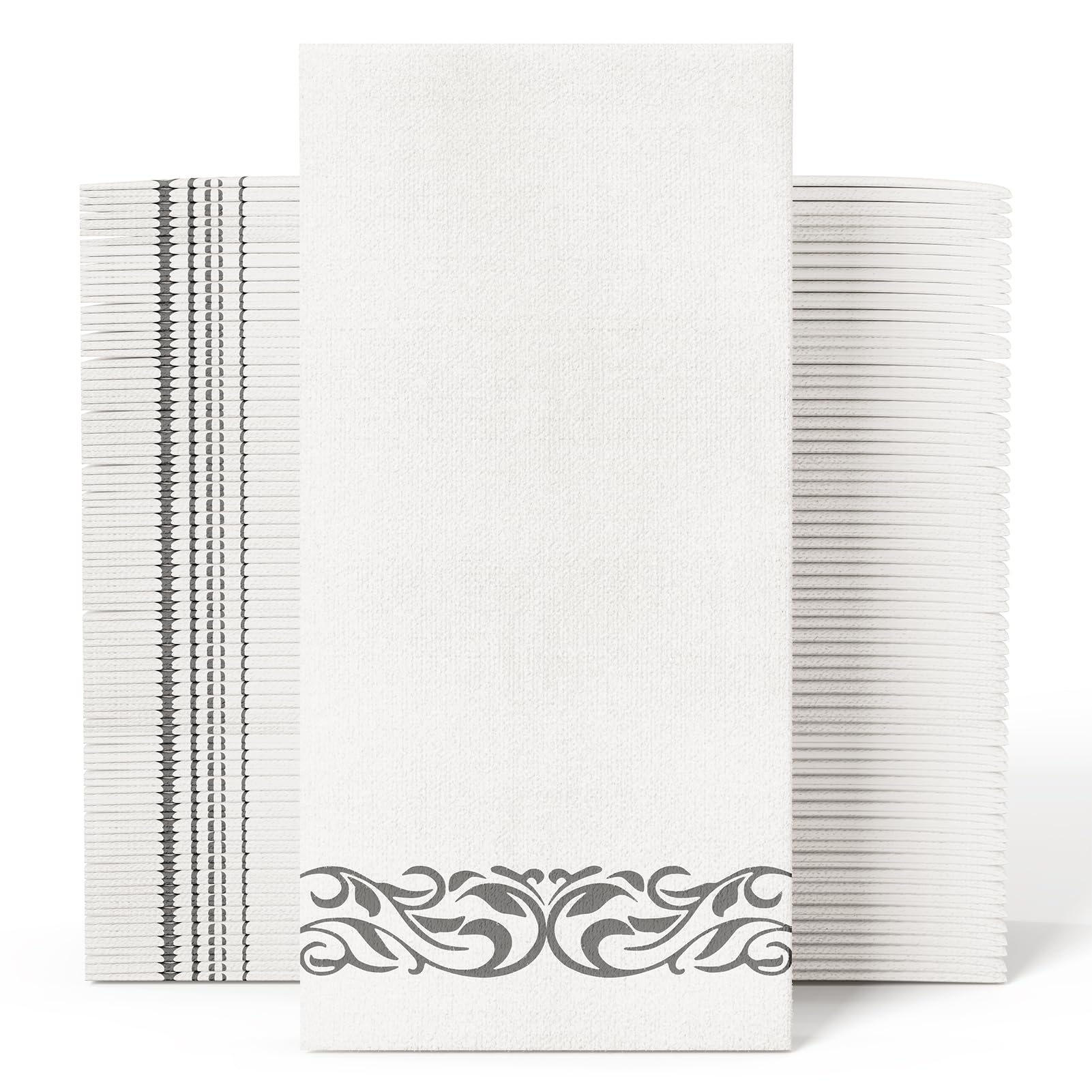 JOLLY CHEF 100 Disposable Hand Towels, Soft and Absorbent Linen Feel Dinner Napkin, Elegant Decorative Paper Guest Towels for Kitchen, Bathroom, Weddings, Parties, Silver and White