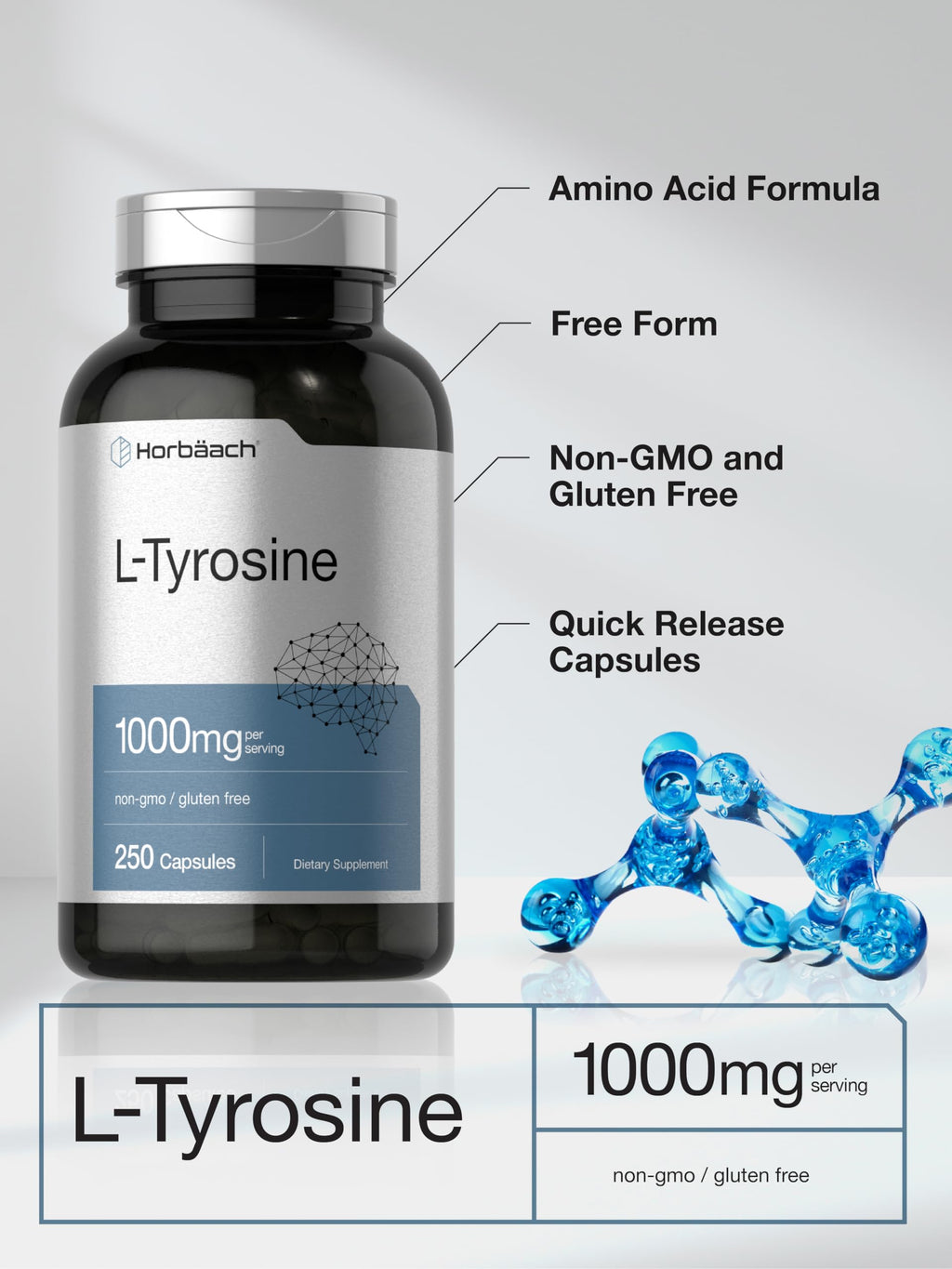 Horbäach L-Tyrosine Supplement | 1000mg | 250 Capsules | Non-GMO and Gluten Free Formula