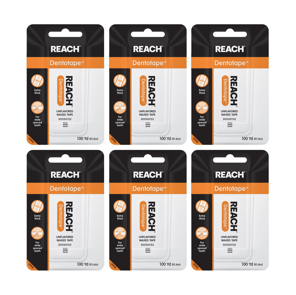 REACH Dentotape Waxed Dental Floss Tape, Unflavored, Extra Wide Floss, Shred & Frey Resistant, Plaque Remover for Teeth, Easy on Gums & Teeth, Oral Care, PFAS Free, for Adults & Kids, 6 Pack, 100 yd
