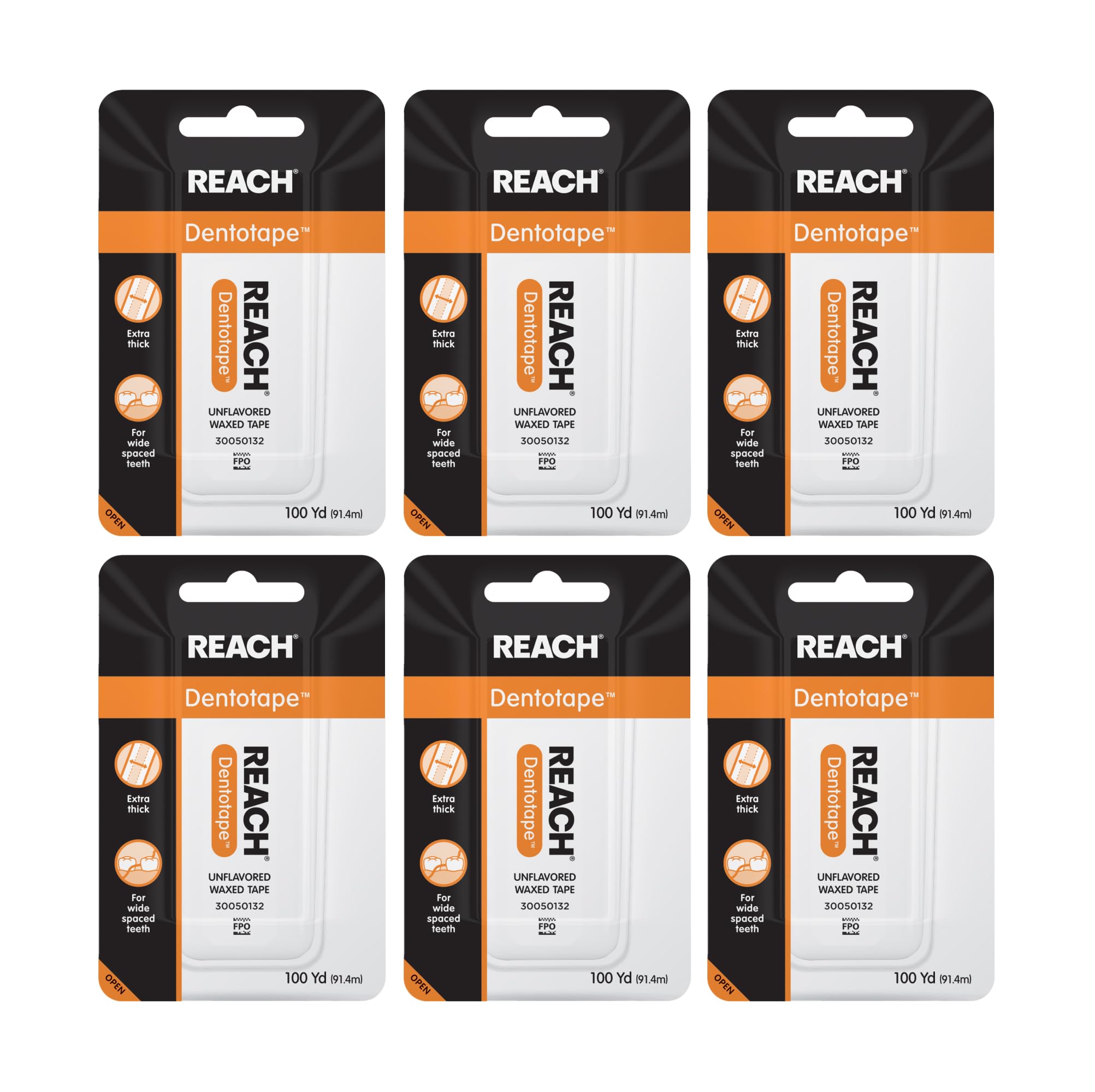 REACH Dentotape Waxed Dental Floss Tape, Unflavored, Extra Wide Floss, Shred & Frey Resistant, Plaque Remover for Teeth, Easy on Gums & Teeth, Oral Care, PFAS Free, for Adults & Kids, 6 Pack, 100 yd
