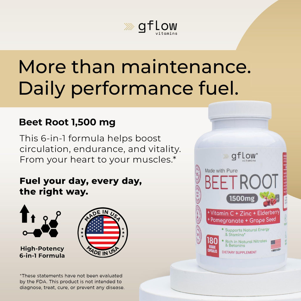 gflow vitamins Beet Root Capsules Organic - All Natural with Vitamin C and Zinc - Supports Heart Health & Stamina, Non-GMO, 180 Vegetarian Capsules | Made in USA