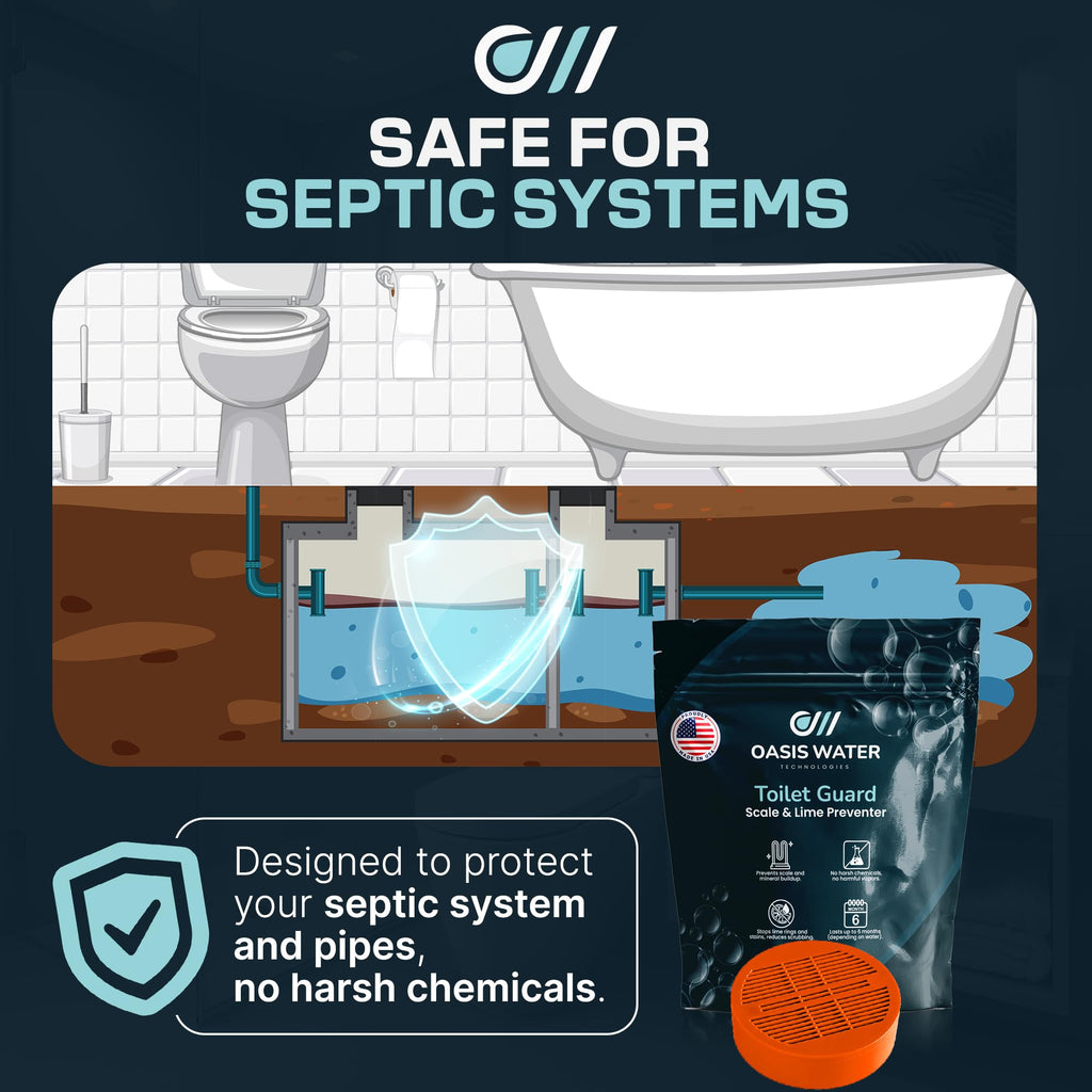 Oasis Water Technologies Toilet Guard Hard Water & Limescale Drop-In Toilet Tank Tablet | Polyphosphate Formula | Helps Reduce Rings, Stains & Mineral Buildup | Bleach-Free 180-Day Tablet