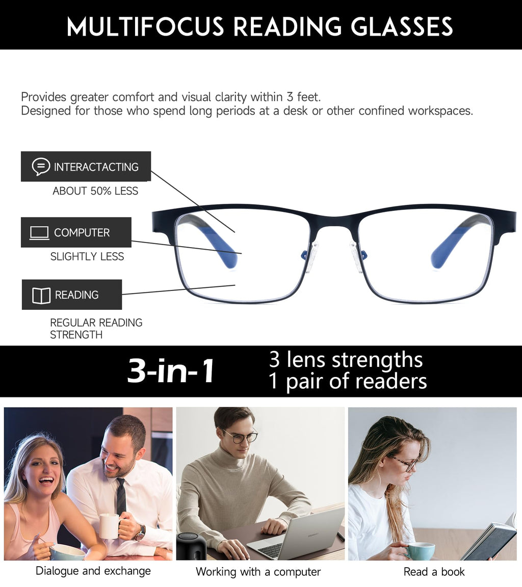 SKYOAK 2 Pack Refined Progressive Multifocus Reading Glasses Men Blue Light Blocking Readers Metal Frame Spring Hinge, Top is not 0 (Black+Gunmetal, 1.5)