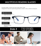 SKYOAK 2 Pack Refined Progressive Multifocus Reading Glasses Men Blue Light Blocking Readers Metal Frame Spring Hinge, Top is not 0 (Black+Gunmetal, 1.5)