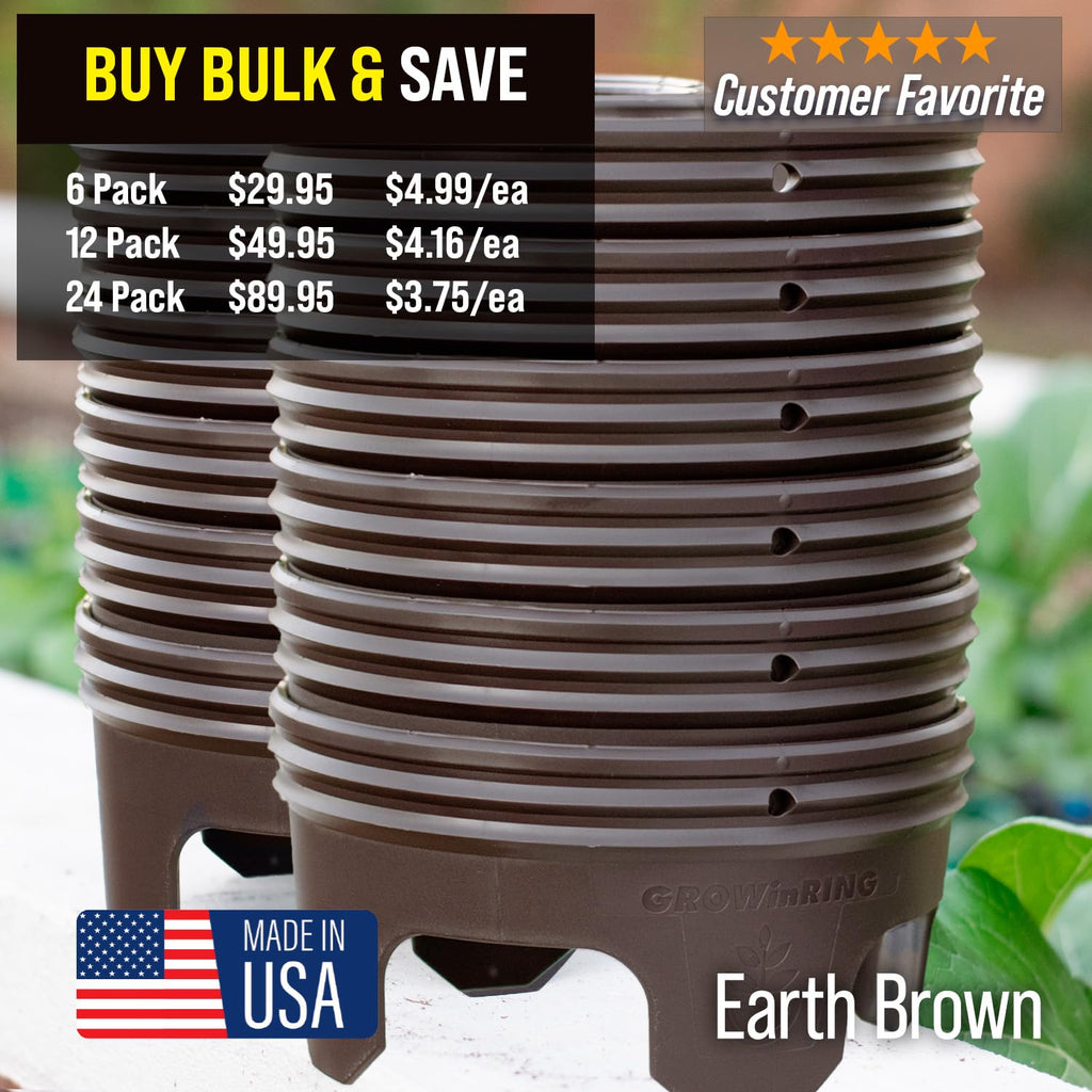 7 inch Solid Planting Grow Rings | 6 Pack Earth Brown | One-Piece Design for Deep Root Watering Veggies, Herbs & Flowers | Mulch & Soil Barrier | Deter Slugs and Cutworms | Heavy Duty | Made in USA