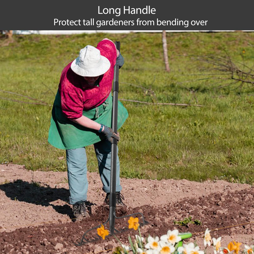 Bow Rake, Detachable Heavy Duty Metal Garden Rake for Loosening Soil, Leveling Lawn, Leaves Cleaning,63 Inch Long Handle Yard Rock Rake for Gardening,17 Prongs Leaf RakeThatch Rake for Lawn