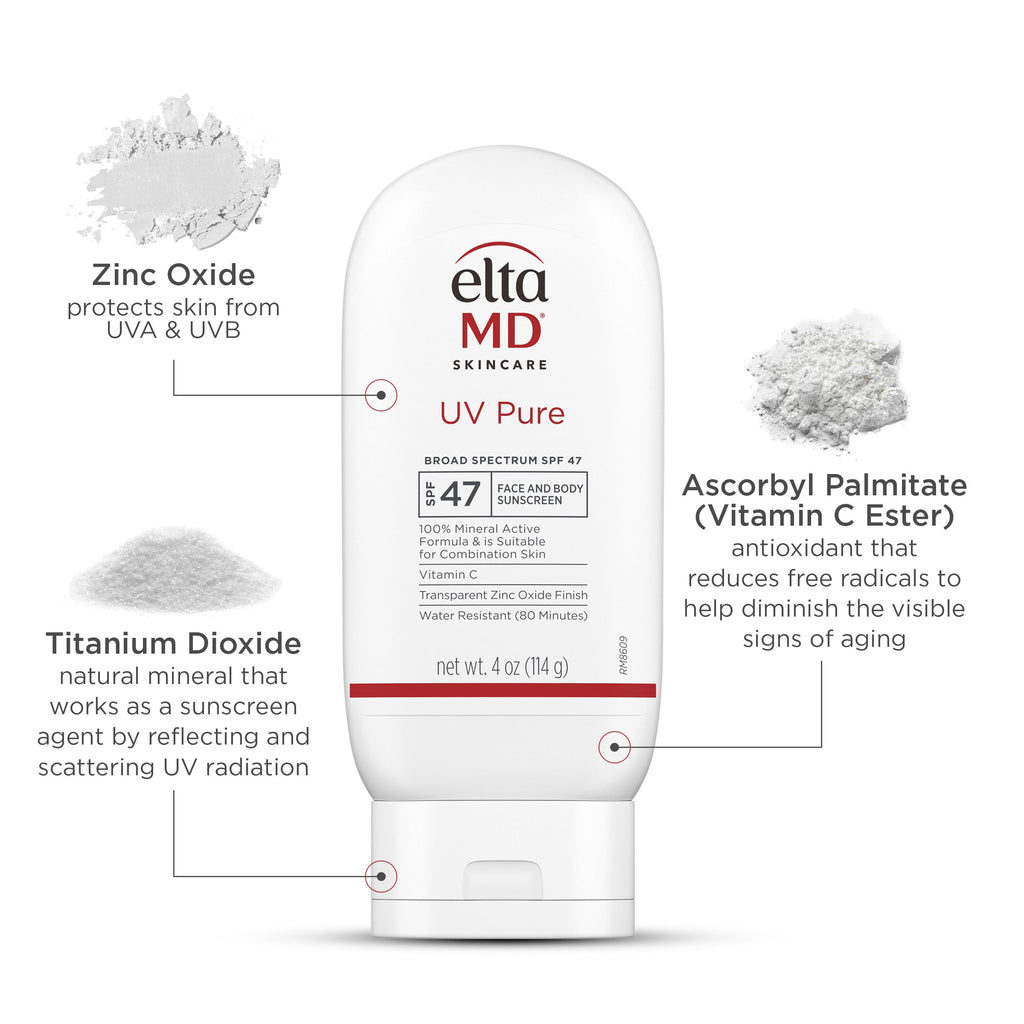 EltaMD UV Pure Face and Body Sunscreen, SPF 47 Mineral Sunscreen for Kids and Adults, Water Resistant Up to 80 Minutes, Oil Free Zinc Oxide Formula, 4.0 oz