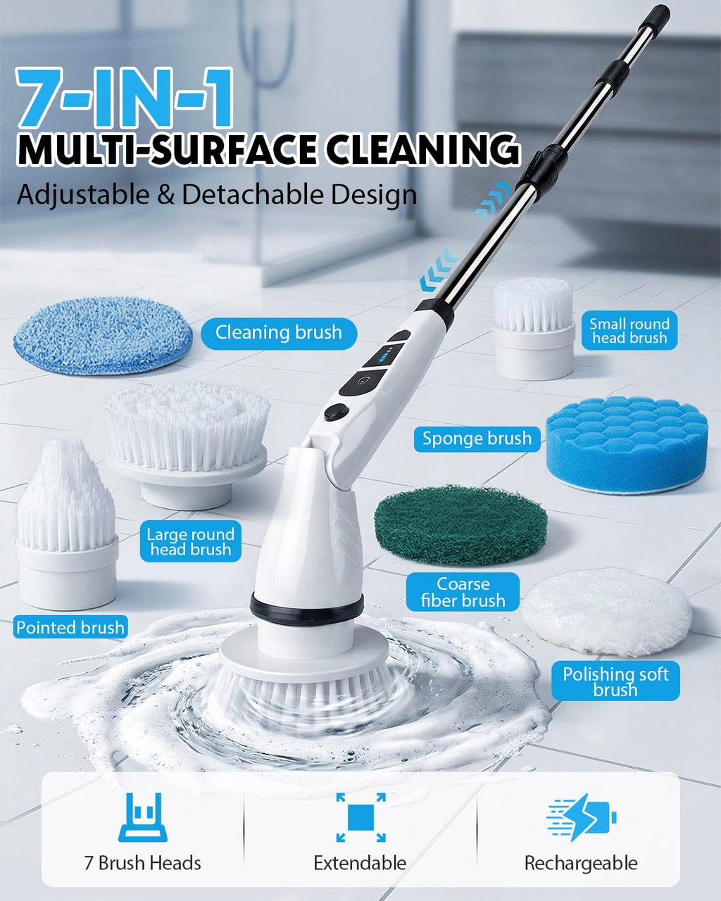Electric Spin Scrubber, Shower Scrubber with Long Handle, 7 Brush Heads, 2-Speed Cordless Bathroom Cleaning Brush, 54in Extendable Electric Cleaning Brush for Tub, Floor, Kitchen & Barbecue Grill