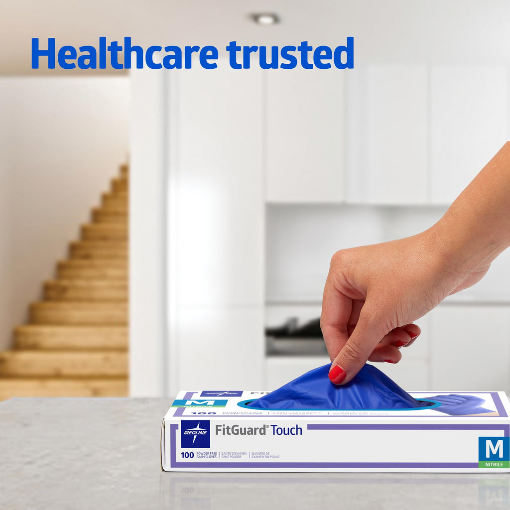 Medline FitGuard Touch Nitrile Exam Gloves, 100 Count, Medium, Powder Free, Disposable, Not Made with Natural Rubber Latex, Excellent Sense of Touch for Medical Tasks, Durable for Household Chores