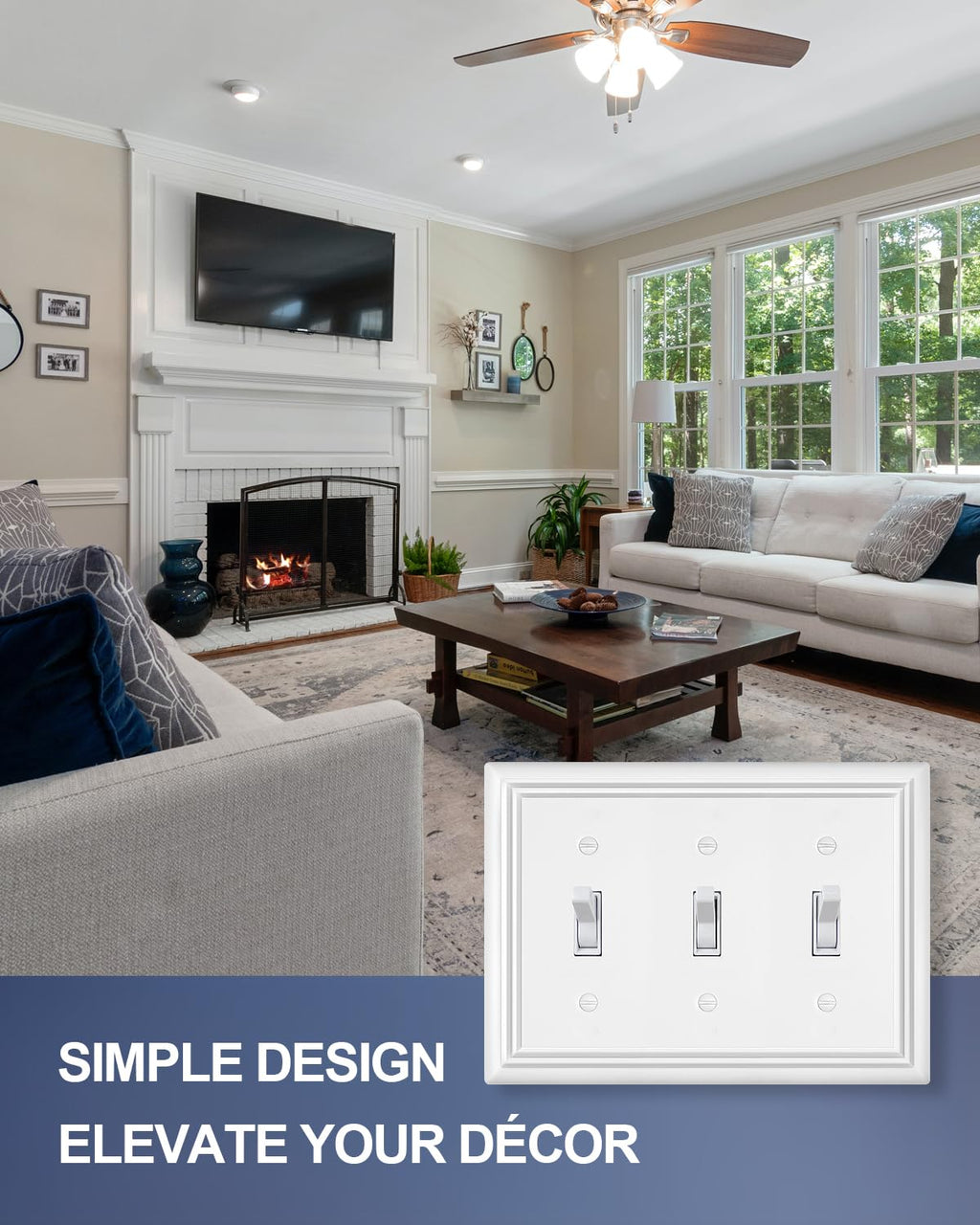ZILLSEA Metal Wall Plates, Decorative Switch Plates and Outlet Covers (Pure White/3 Toggle 2 Pack)
