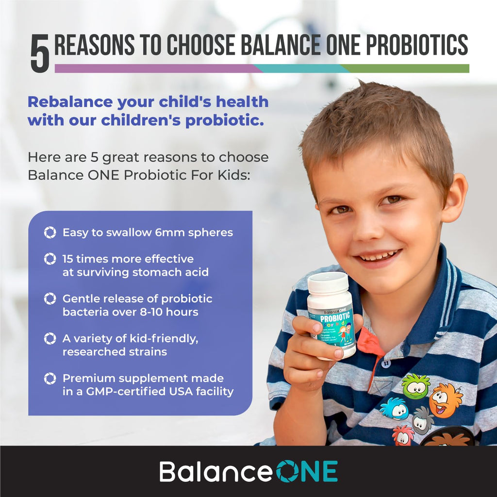 Balance ONE Time-Release Kids Probiotic – Up to 15x Better Survivability – 3 Billion CFU – Gut & Digestive Support for Children – Sugar Free, Easy to Swallow, 2 Month Supply