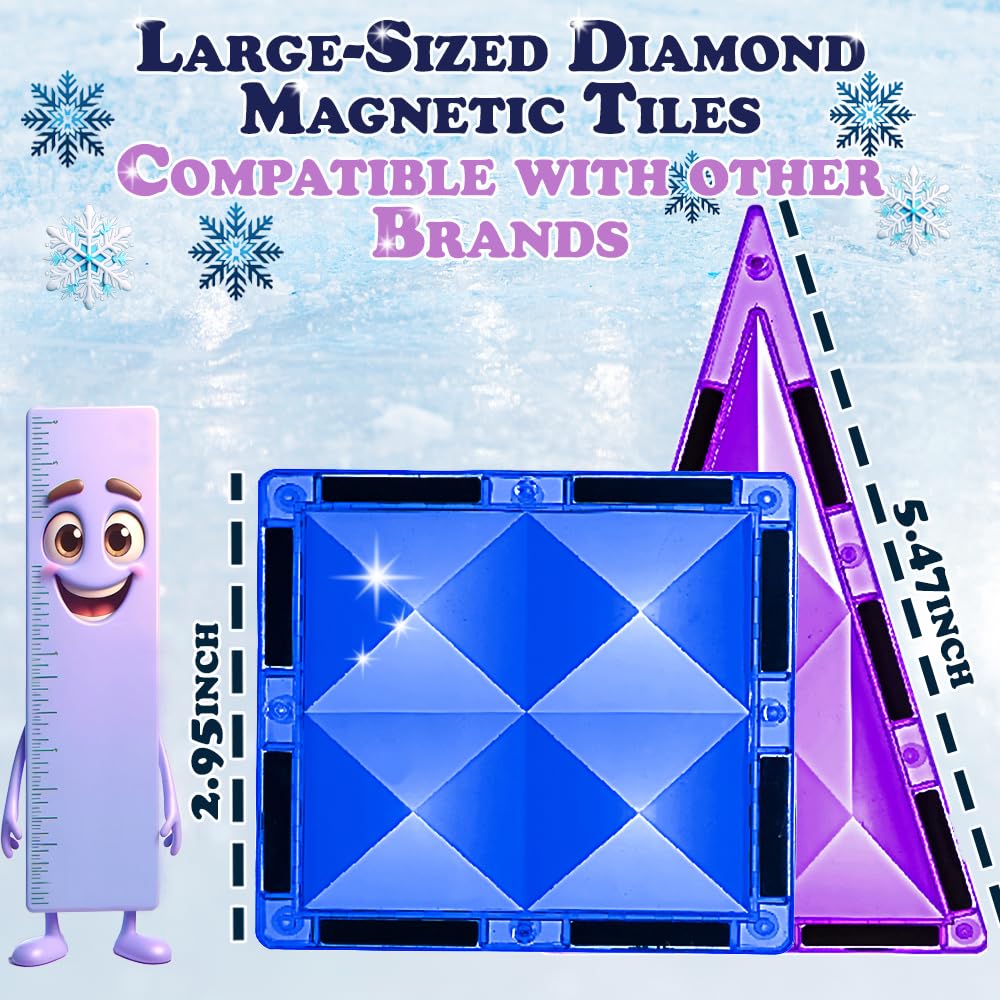 Little Pi 102pcs Frozen Princess Castle Magnetic Tiles Building Blocks - 3D Diamond Blocks, STEM Educational Toddler Toys for Pretend Play, 4 Year Old Girl Birthday Gifts Kids Ages 3 5 6 7 8 - Blue