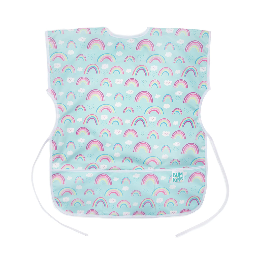 Bumkins Short Sleeve Smock, Toddler Reusable Waterproof Bib for Girls and Boys Ages 3-7 Years, Junior Childrens, Kids Paint Apron, Arts, Crafts and Play with Pocket, Soft Fabric, Rainbows Blue