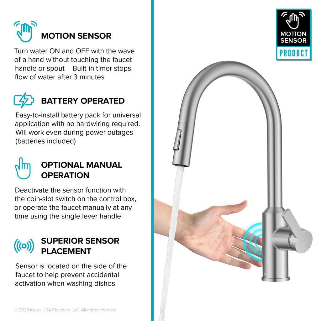 KRAUS Oletto Touchless Sensor Pull-Down Single Handle Kitchen Faucet in Spot-Free Stainless Steel, KSF-2830SFS