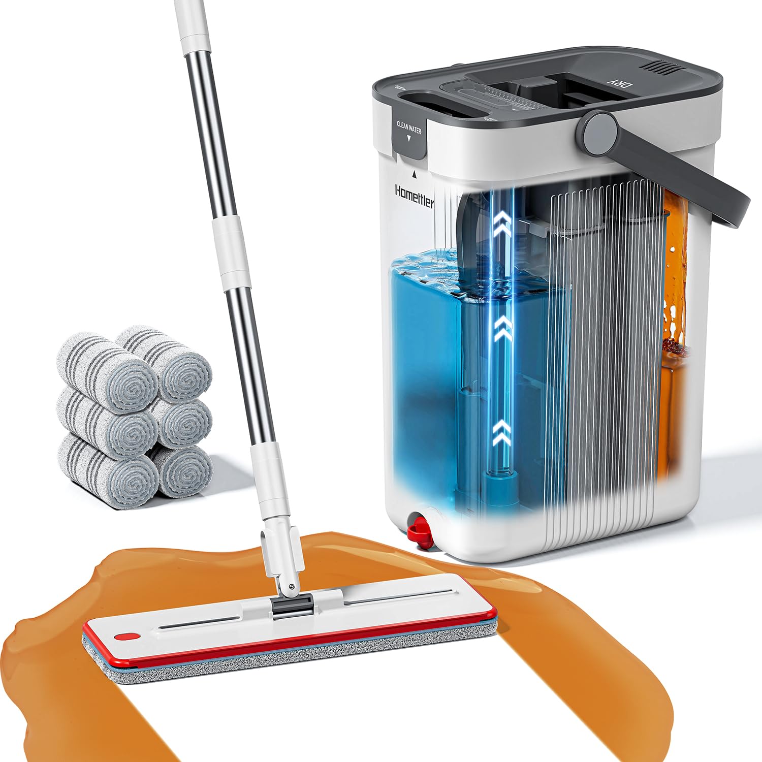 HoMettler Mop and Bucket Set, 3-Tank Flat Mop and Bucket System for Separate Dirty & Clean Water, 65" Mops for Floor Cleaning with 6 Washable Pads, Safe for Hardwood, Vinyl, Tile, Baseboards, Walls