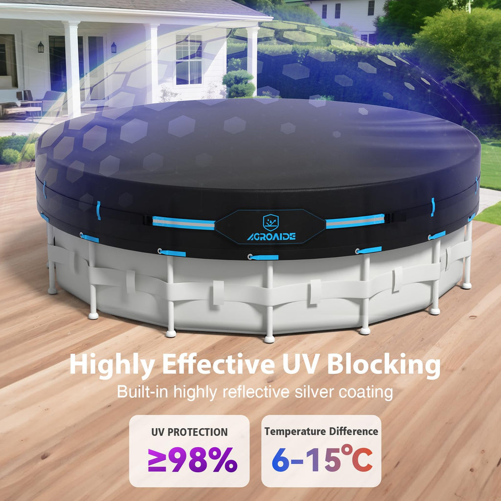 AGROAIDE Pool Cover 12ft Round, Upgraded Tear Resistance & Seamless Side Design, Above Ground Pool Cover with Metal Buckle Straps, All Season Protection - Snug Fit & Easy Set