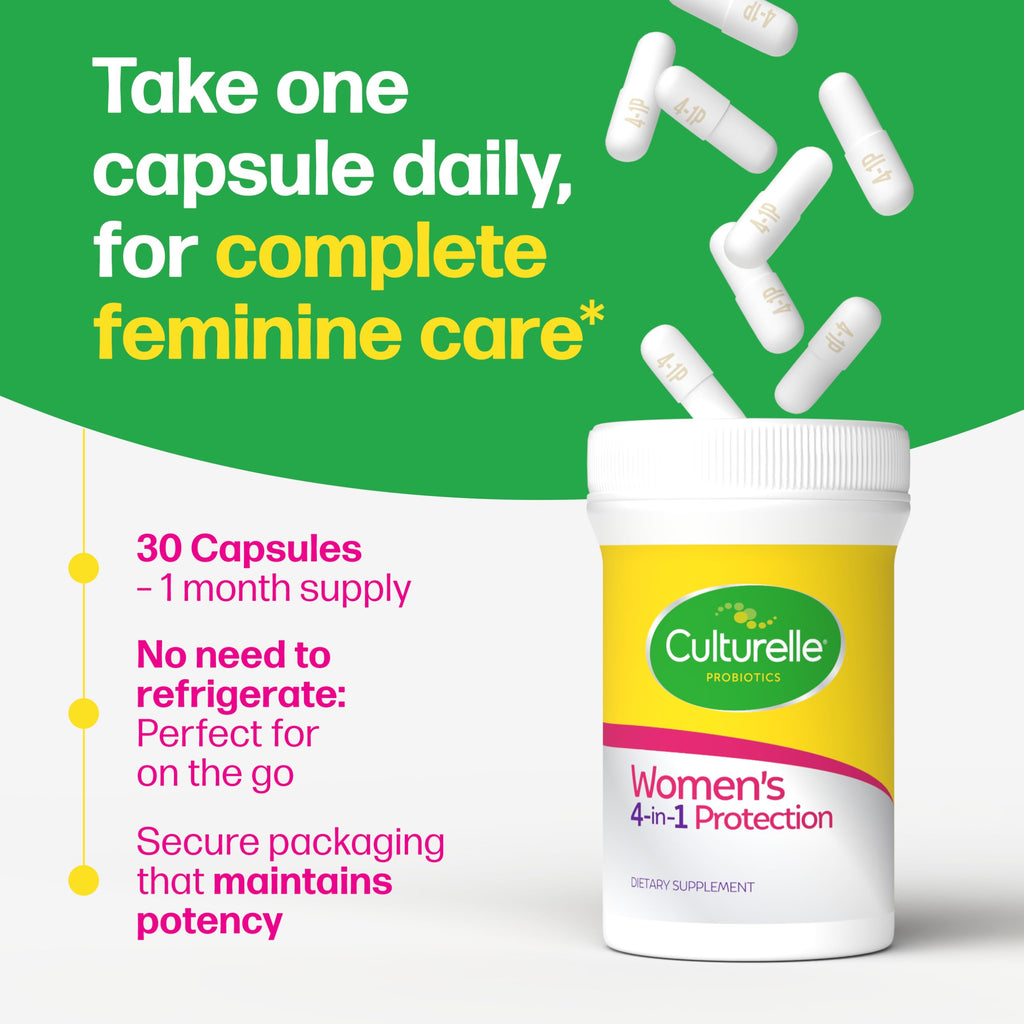 Culturelle 4-in-1 Probiotics for Women, Daily Probiotic & Prebiotic Supplement to Support Vaginal Health, Digestive Health, Immune Health, Occasional Diarrhea, Gas & Bloating Relief, Non-GMO, 30 Count