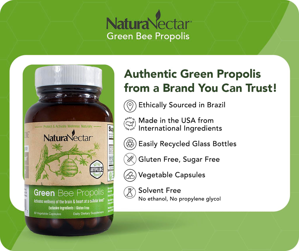 NaturaNectar - Green Bee Propolis Capsules - NSF Contents Certified Brazilian Green Propolis - Gluten-Free Propolis Supplements with Flavonoids - Naturally Sourced Through Ethical Beekeeping (60pcs.)