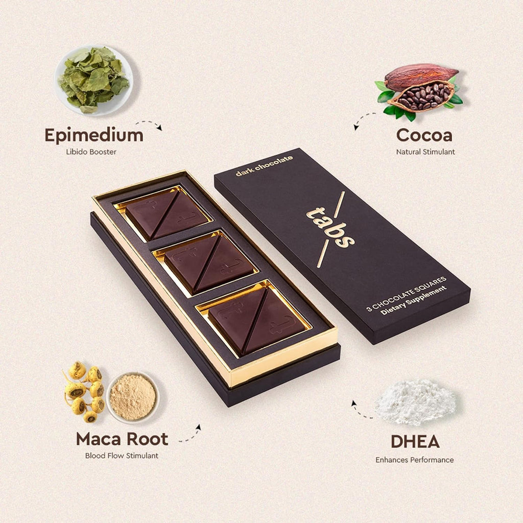 Tabs Dark Chocolate Squares (1 Box) - 60% Cocoa with Epimedium and Maca Root - Vegetarian and Gluten-Free
