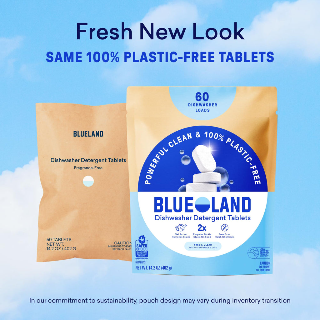 BLUELAND 100% Plastic-Free Dishwasher Detergent Tablets, 36 Count, Free & Clear, Eco-Friendly Dishwashing Pods, Natural, USDA Certified biobased