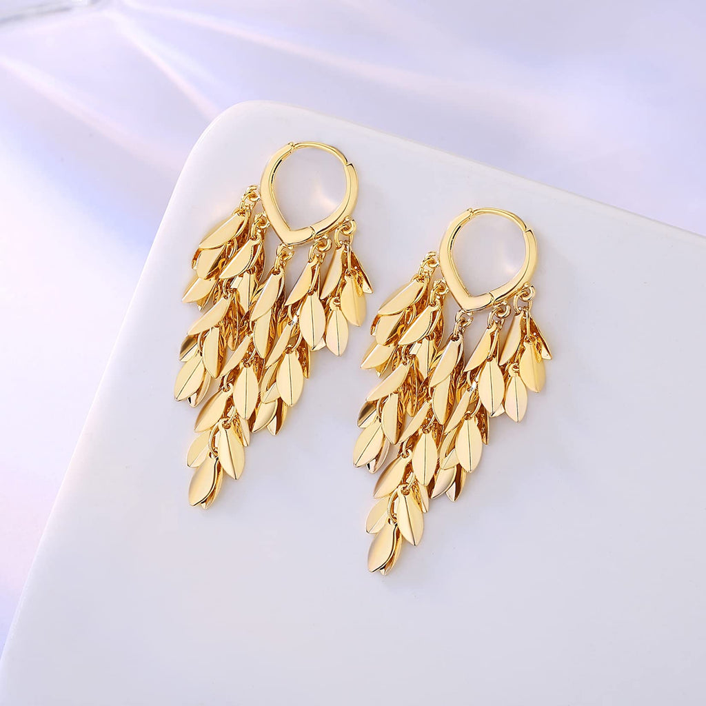 Hius 18K Gold Plated Sparkle Leaf Hoop Dangling Earrings for Women