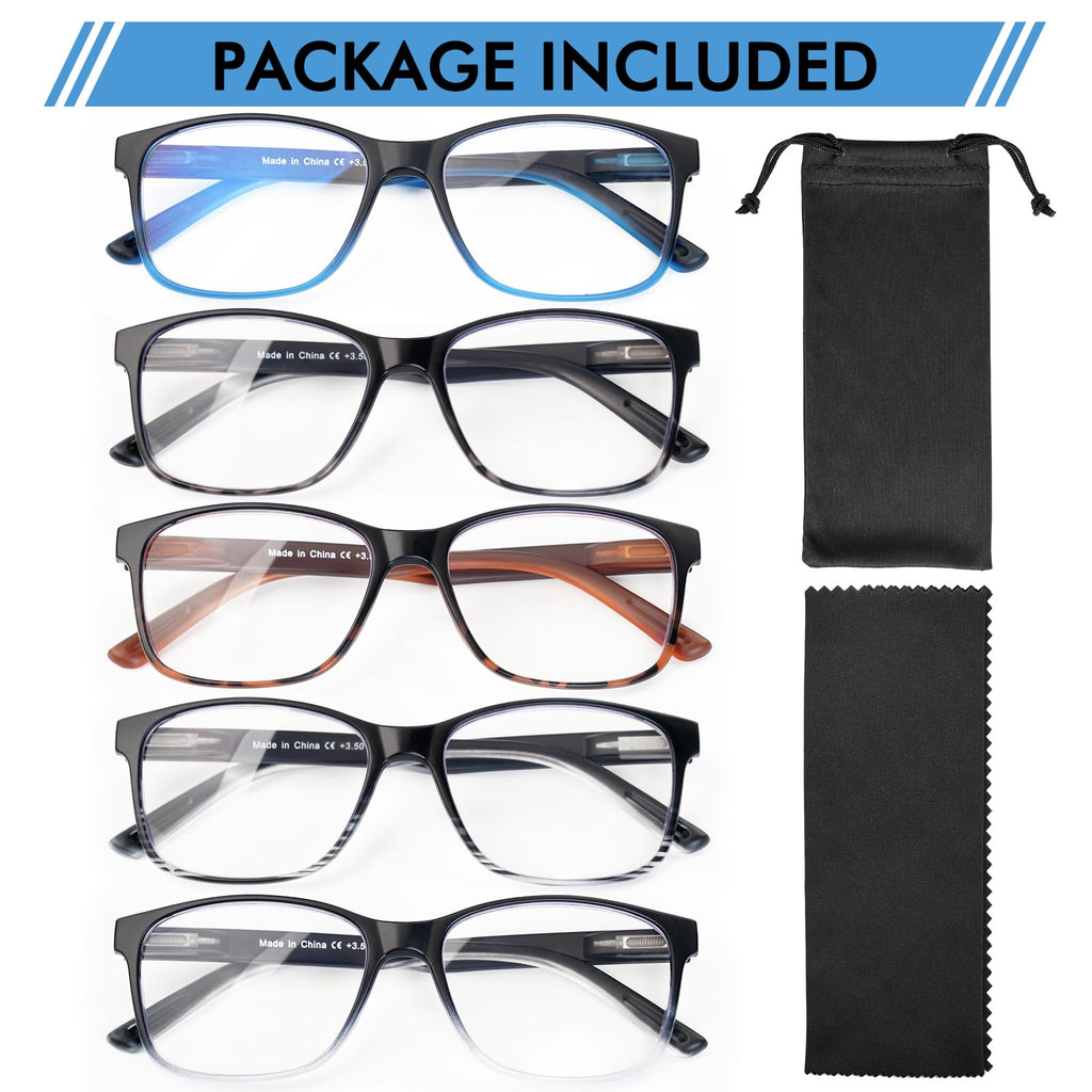 MOZVND 5 Pack Blue Light Blocking Reading Glasses for Men with Spring Hinge 2.0 Fashion Large Wide Computer Readers for Men