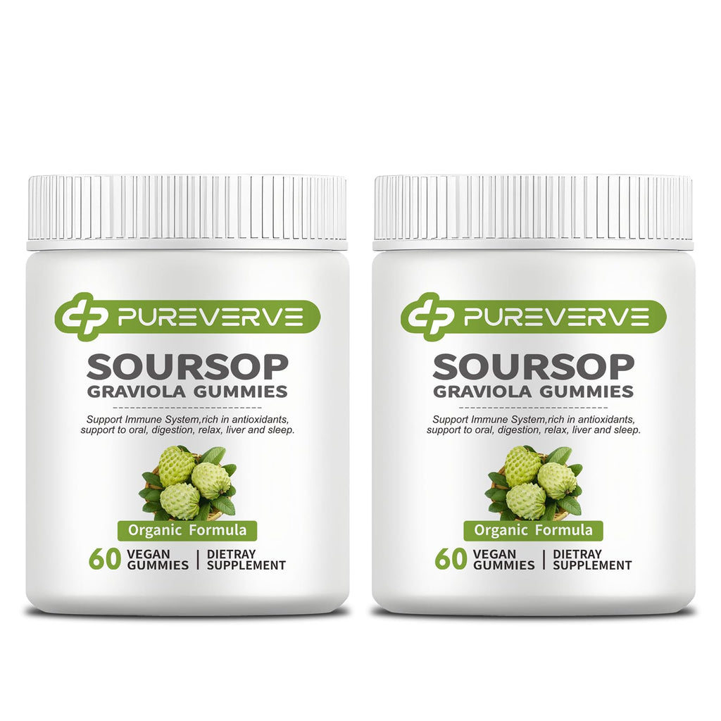 Soursop Graviola Gummies, Pureverve Max Strength Soursop Leaves Extract with Sea Moss & Zinc for Cell Support & Regeneration, Immunity, Liver and Antioxidant, Sugar/Gluten Free, Vegan - 120 CT, 2 Pack