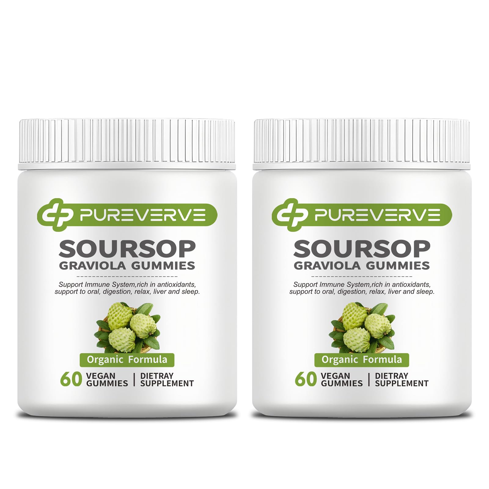 Soursop Graviola Gummies, Pureverve Max Strength Soursop Leaves Extract with Sea Moss & Zinc for Cell Support & Regeneration, Immunity, Liver and Antioxidant, Sugar/Gluten Free, Vegan - 120 CT, 2 Pack