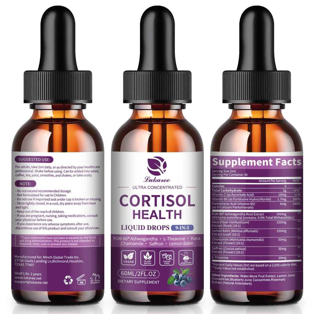 Cortisol Supplements for Women, Cortisol Reducer Manager Detox with KSM-66® Ashwagandha, Kava, Lemon Balm & Vitamin C B5 B6, Lower Cortisol, Hormone Harmony Liquid Drops, 2 FL.OZ, Blueberry Flavor