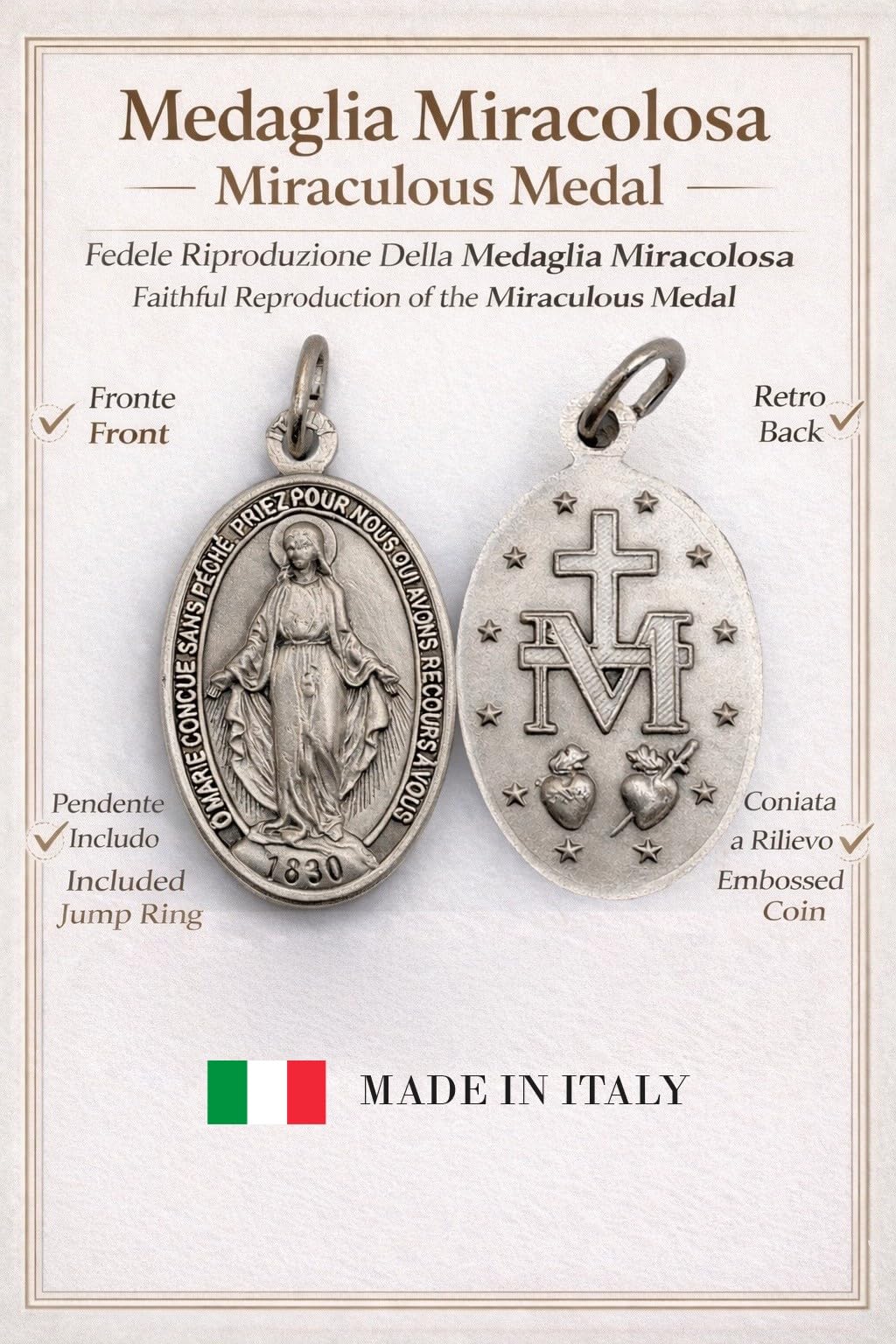 MIRACULOUS MEDAL ORIGINAL DESIGN, CATHOLIC VIRGIN MARY PENDANT, MADE IN ITALY, SILVER PLATED BRASS, RELIGIOUS JEWELRY GIFT FOR WOMEN MEN