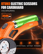 UTUKO Electric Cardboard Cutter – Upgraded High-Power 800RPM Brushless Motor, 3500mAh Cordless Rechargeable Electric Scissors, Heavy Duty Box Cutter for Cardboard, Carton Mat Cutter Blades orange
